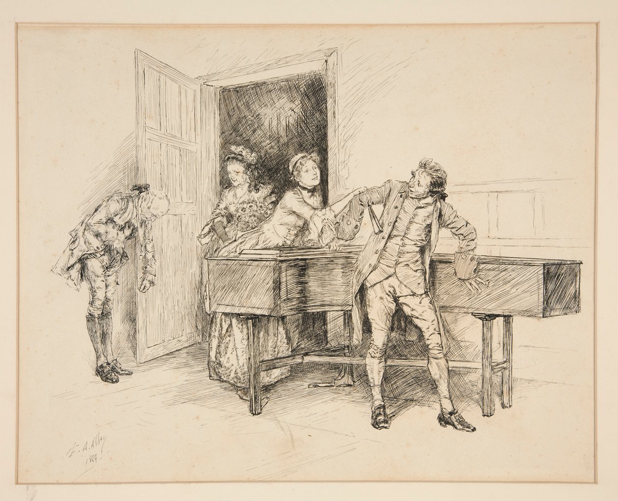 Nan ja piano, kuvitus Oliver Goldsmithille tekijältä Edwin Austin Abbey
