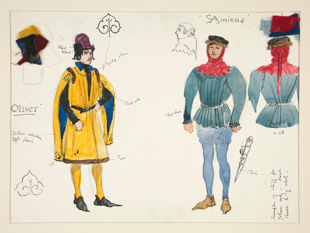 Olivier ja Amiens, pukuluonnos Henry Irvingille tekijältä Edwin Austin Abbey