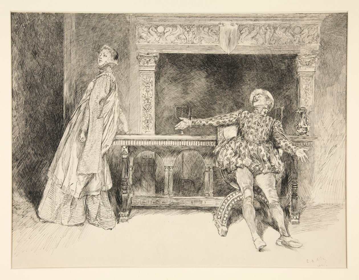 Petruchio Banters Katharina, näytöksestä II, kohtaus i, Shrew:n kesyttäminen tekijältä Edwin Austin Abbey
