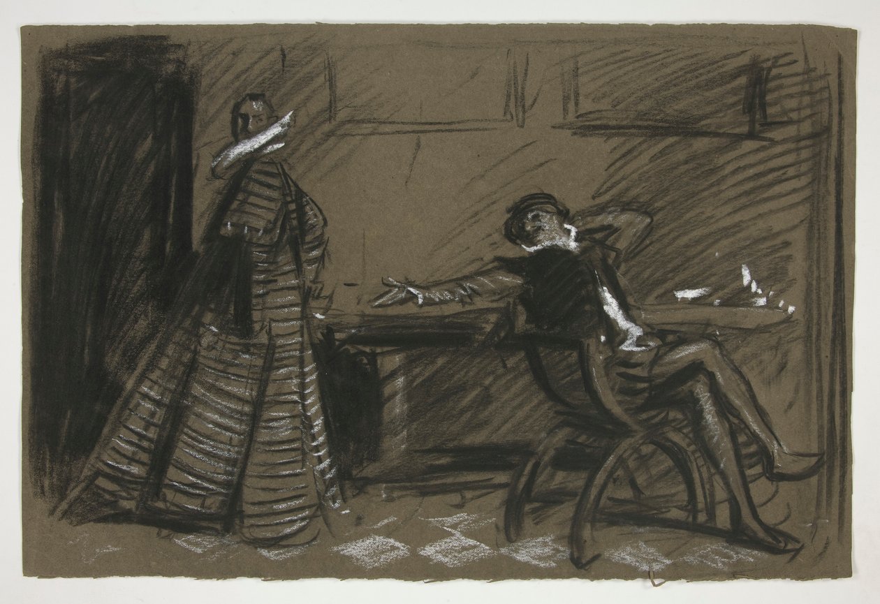 Petruchio pilailee Katharinaa (tutkimus .1058) - näytös II, kohtaus I, Särän kesyttäminen tekijältä Edwin Austin Abbey