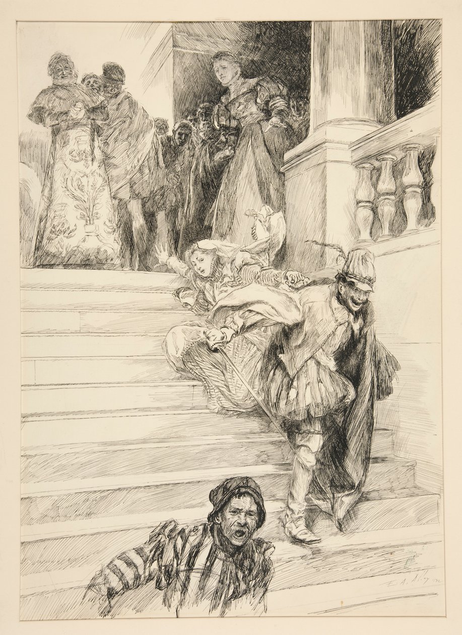 Petruchio sietää morsiamensa näytöksestä III, kohtaus ii, Ääkäisen kesyttäminen tekijältä Edwin Austin Abbey