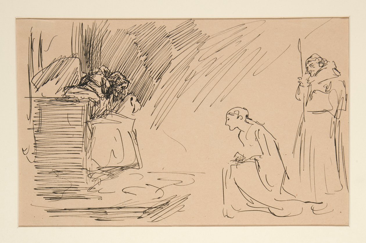 Alustava luonnos näytökselle II, kohtaus I, kaikki tekijältä Edwin Austin Abbey