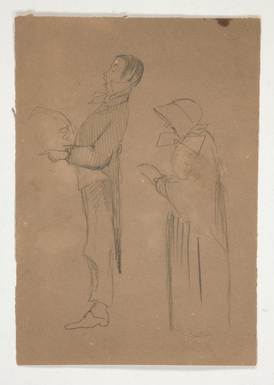 Miehen ja vanhan naisen profiilitutkimukset (recto); Kolme pääpiirroksia ja tunnistamaton luonnos (käänteinen) tekijältä Edwin Austin Abbey