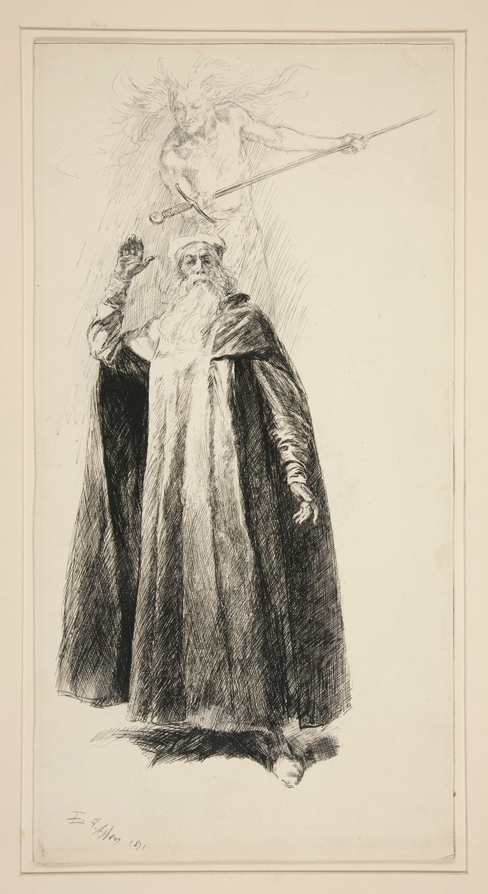 Prospero ja Ariel, kuvitus näytökselle V, kohtaus i, Myrsky tekijältä Edwin Austin Abbey