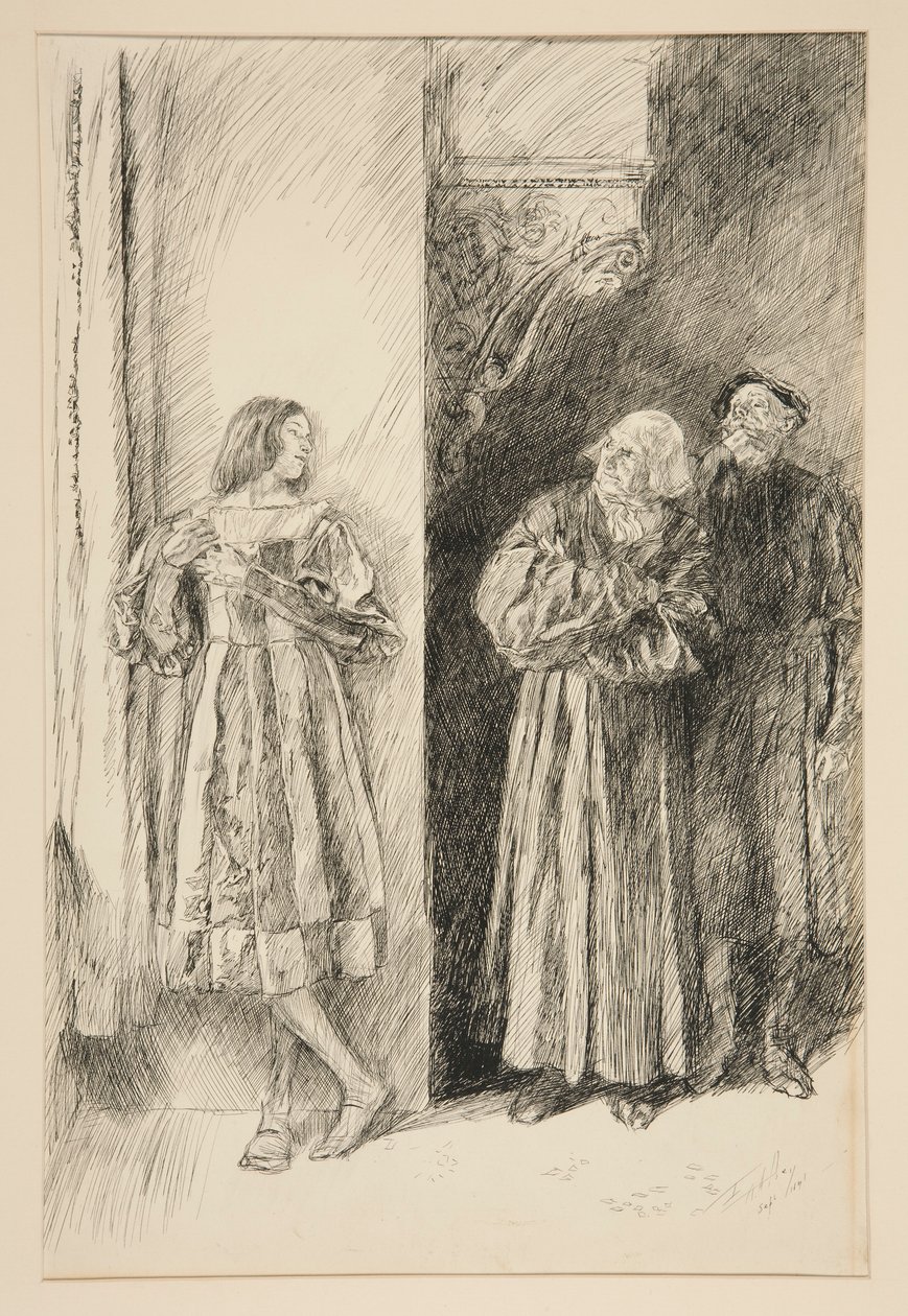 Proteus ja Antonio, näytöksestä I, kohtaus iii, Two Gentlemen of Verona tekijältä Edwin Austin Abbey
