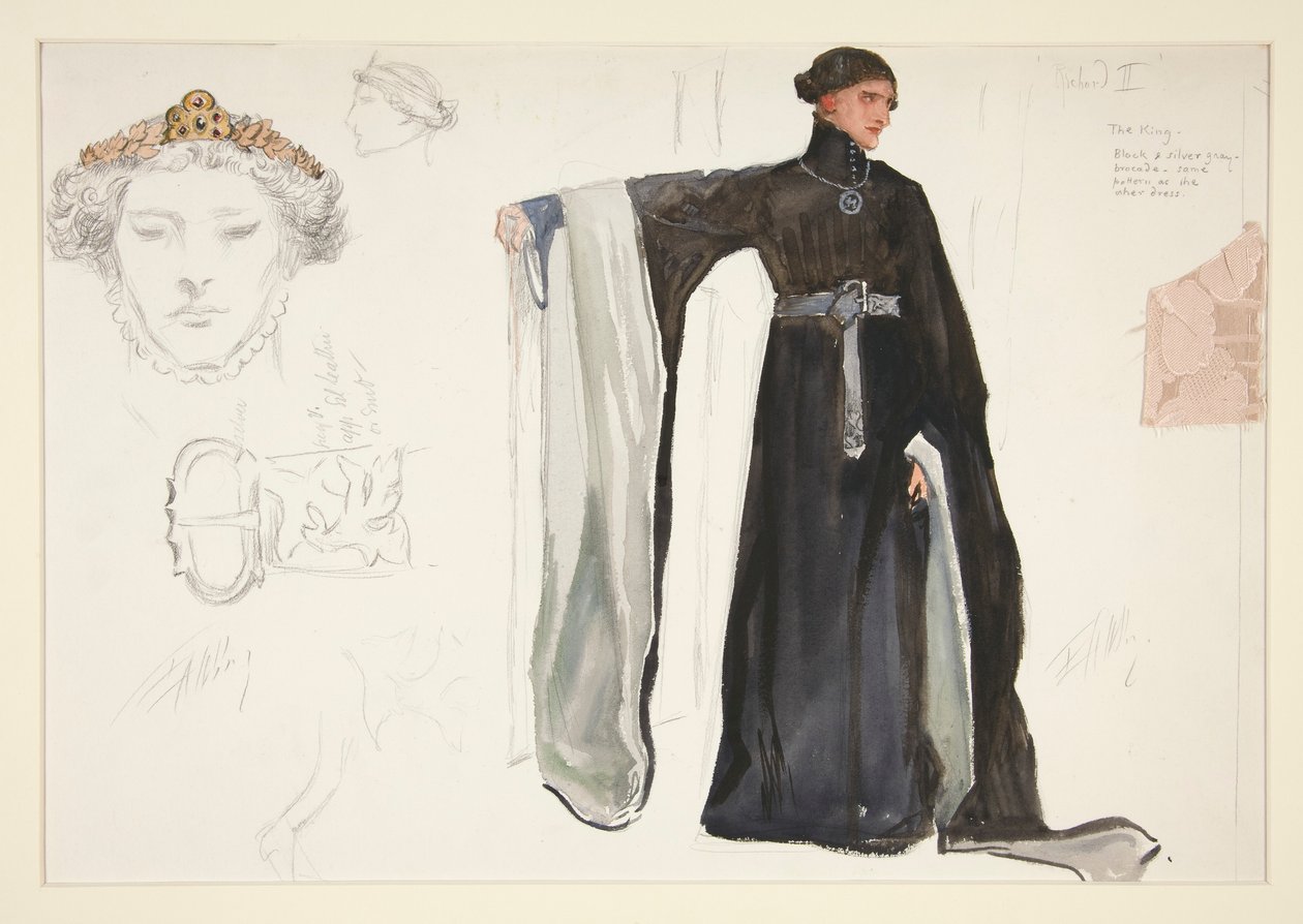 Richard II (musta), pukuluonnos Henry Irvingille tekijältä Edwin Austin Abbey