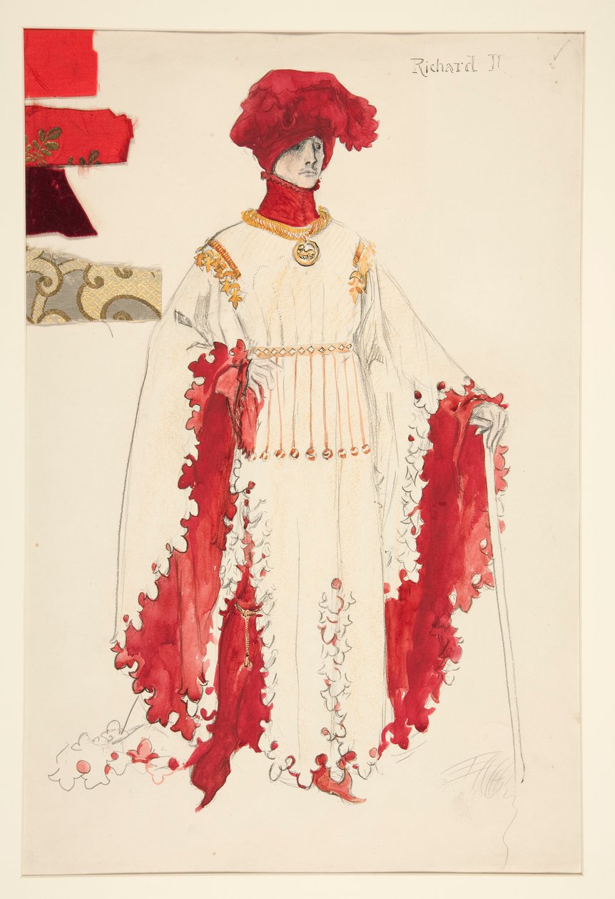 Richard II (punainen), pukuluonnos Henry Irvingille tekijältä Edwin Austin Abbey