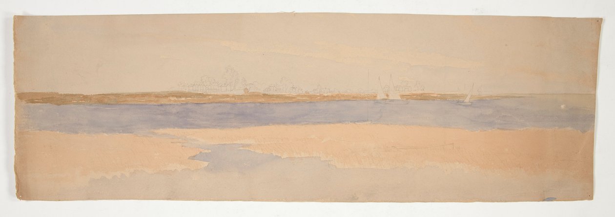 Jokimaisema kaupungin kanssa Far Shoressa tekijältä Edwin Austin Abbey