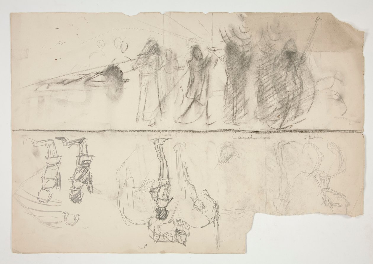 Luonnoslehti The Quest of the Holy Grail -seinämaalaussarjasta Bostonin julkisessa kirjastossa (recto); Tuntematon luonnos (käänteinen) tekijältä Edwin Austin Abbey