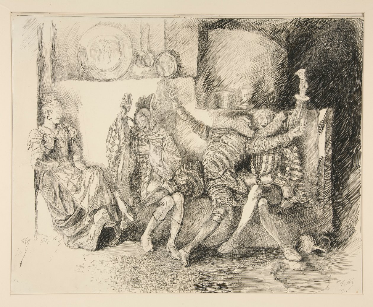 Sir Toby ja hänen seuralaisensa, kuvitus näytökselle II, kohtaus iii, kahdestoista yö tekijältä Edwin Austin Abbey