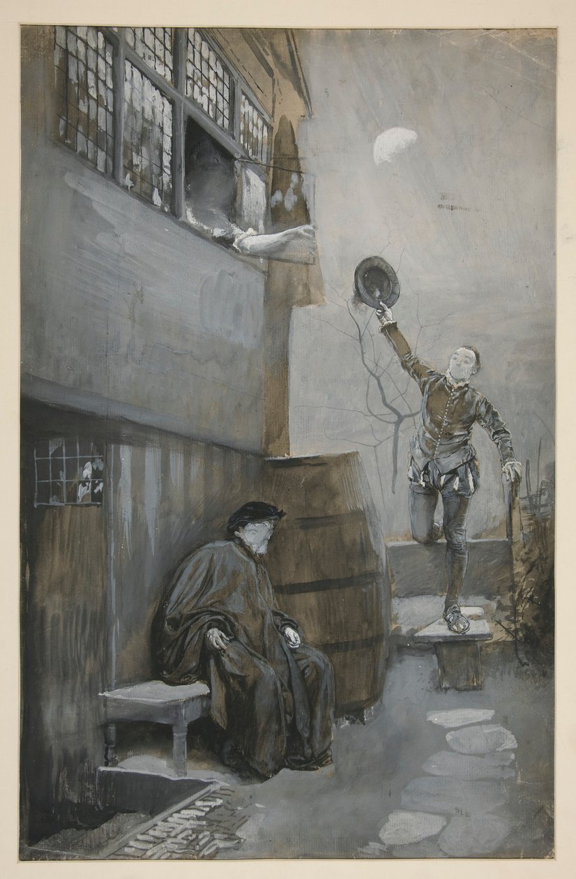 Luonnos Nighttime Rendezvous -tapahtumaan - 3 hahmoa: kaksi miestä, yksi nainen tekijältä Edwin Austin Abbey