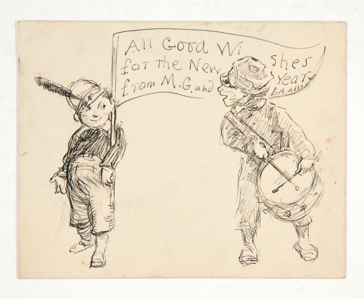 Luonnos onnittelukortille: M.G. toivottaa uutta vuotta. ja E.A. Abbey tekijältä Edwin Austin Abbey