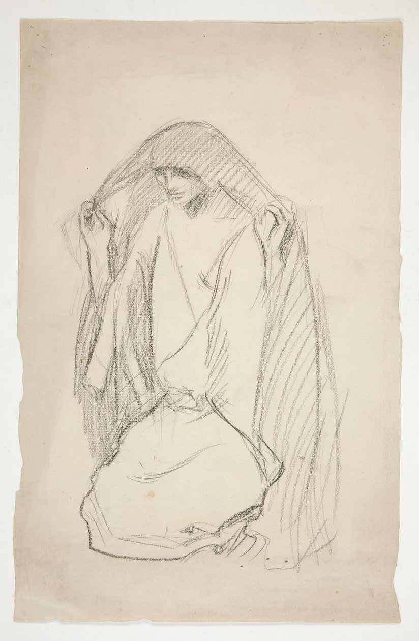 Luonnos naarashahmosta, joka rukoilee Kolmen Marian puolesta ristillä tekijältä Edwin Austin Abbey