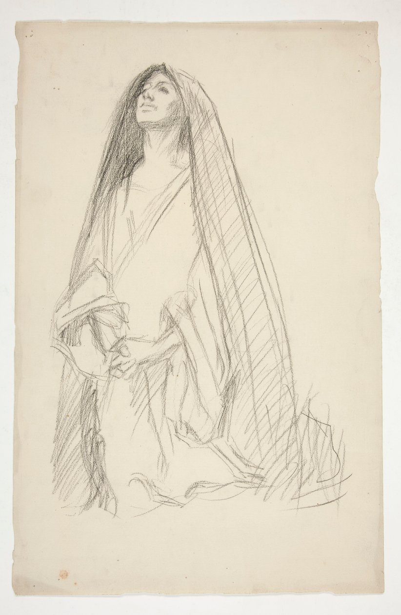 Luonnos naarashahmosta, joka rukoilee Kolmen Marian puolesta ristillä tekijältä Edwin Austin Abbey