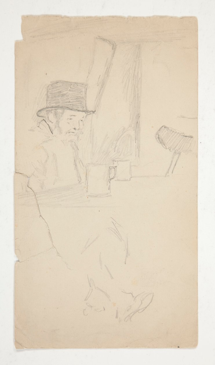 Luonnos raajarasta miehestä, joka istuu pöydän ääressä baarissa tekijältä Edwin Austin Abbey