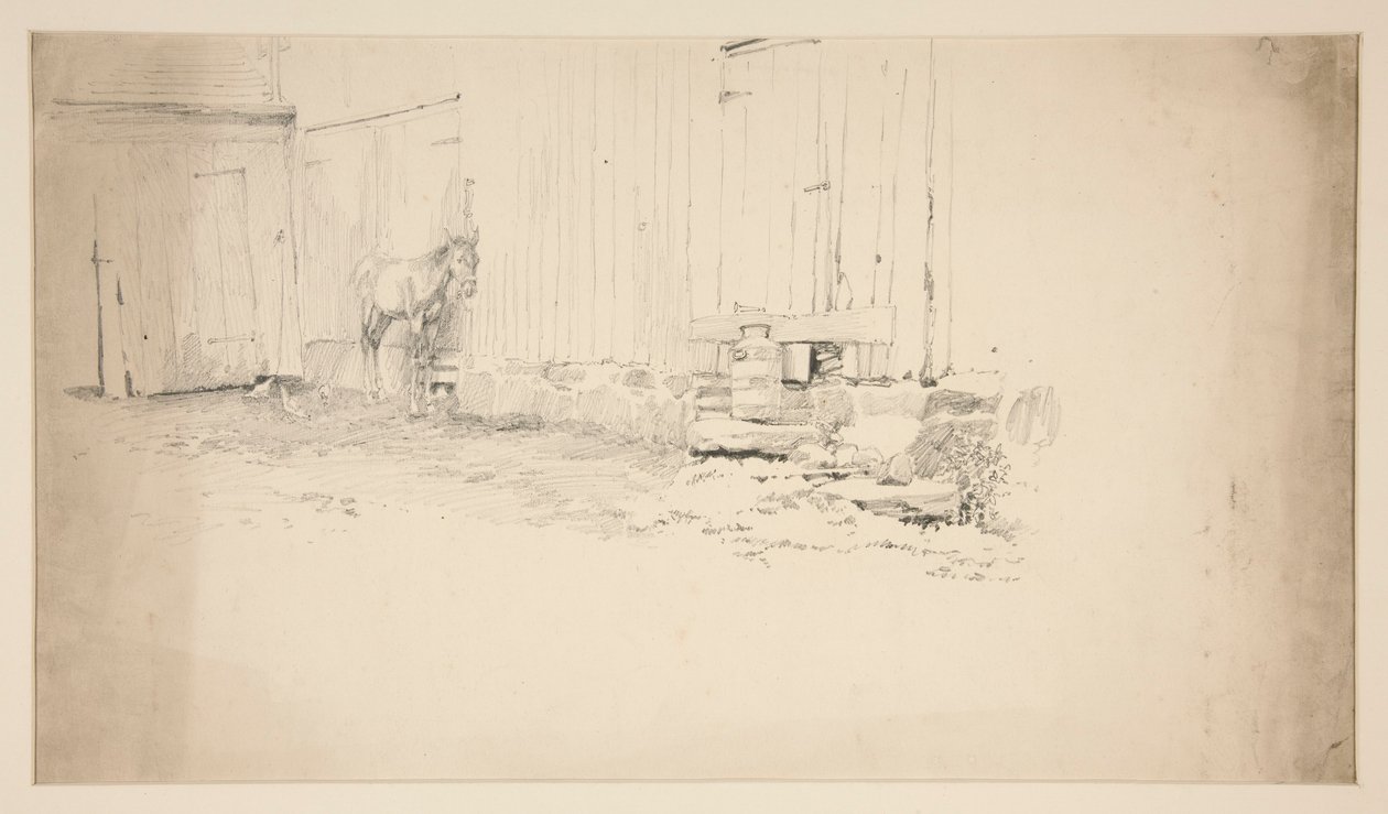 Luonnos pihasta hevosen kanssa tekijältä Edwin Austin Abbey