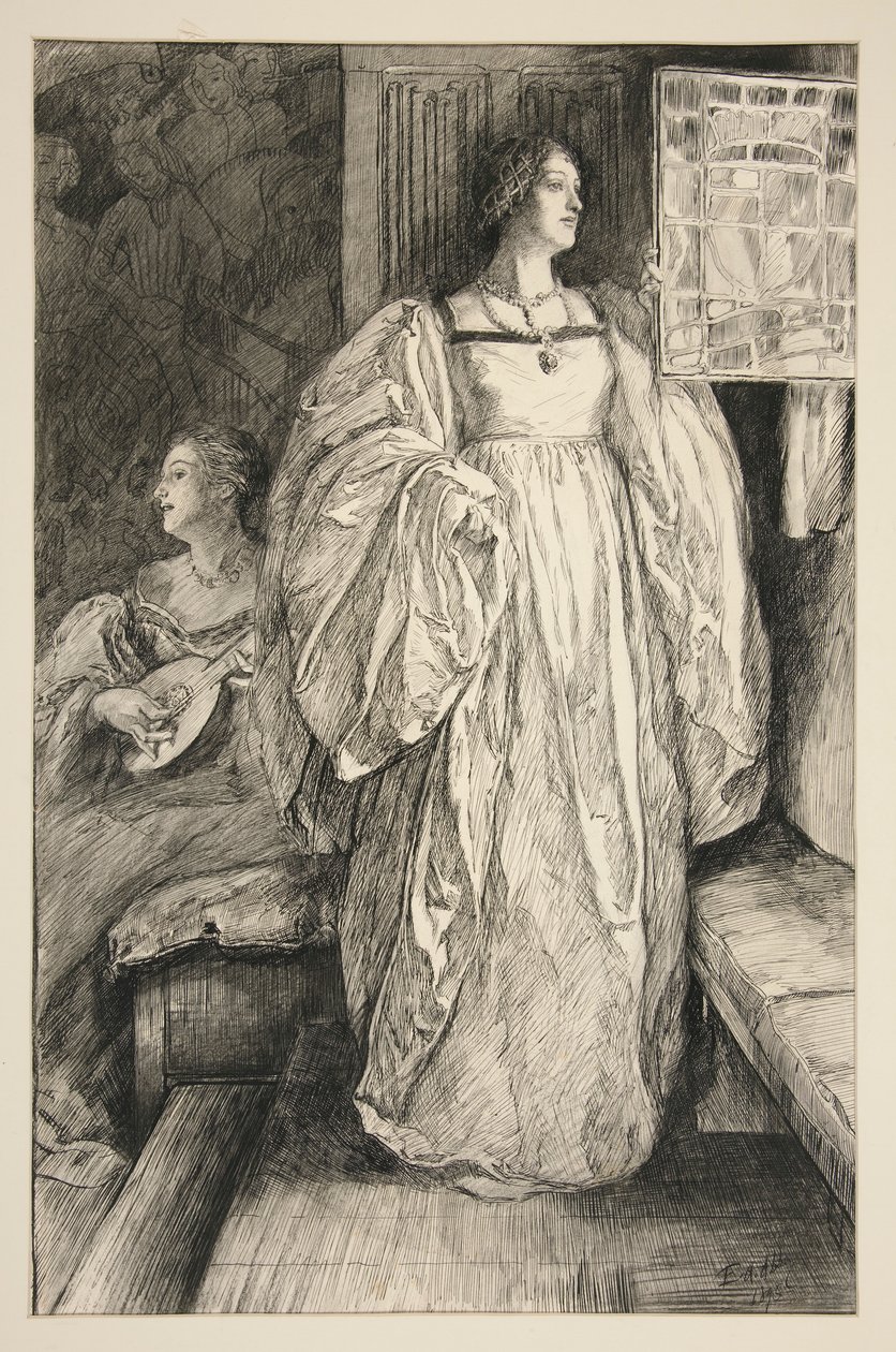 Luonnos naisesta, kuvitus tekijältä Edwin Austin Abbey