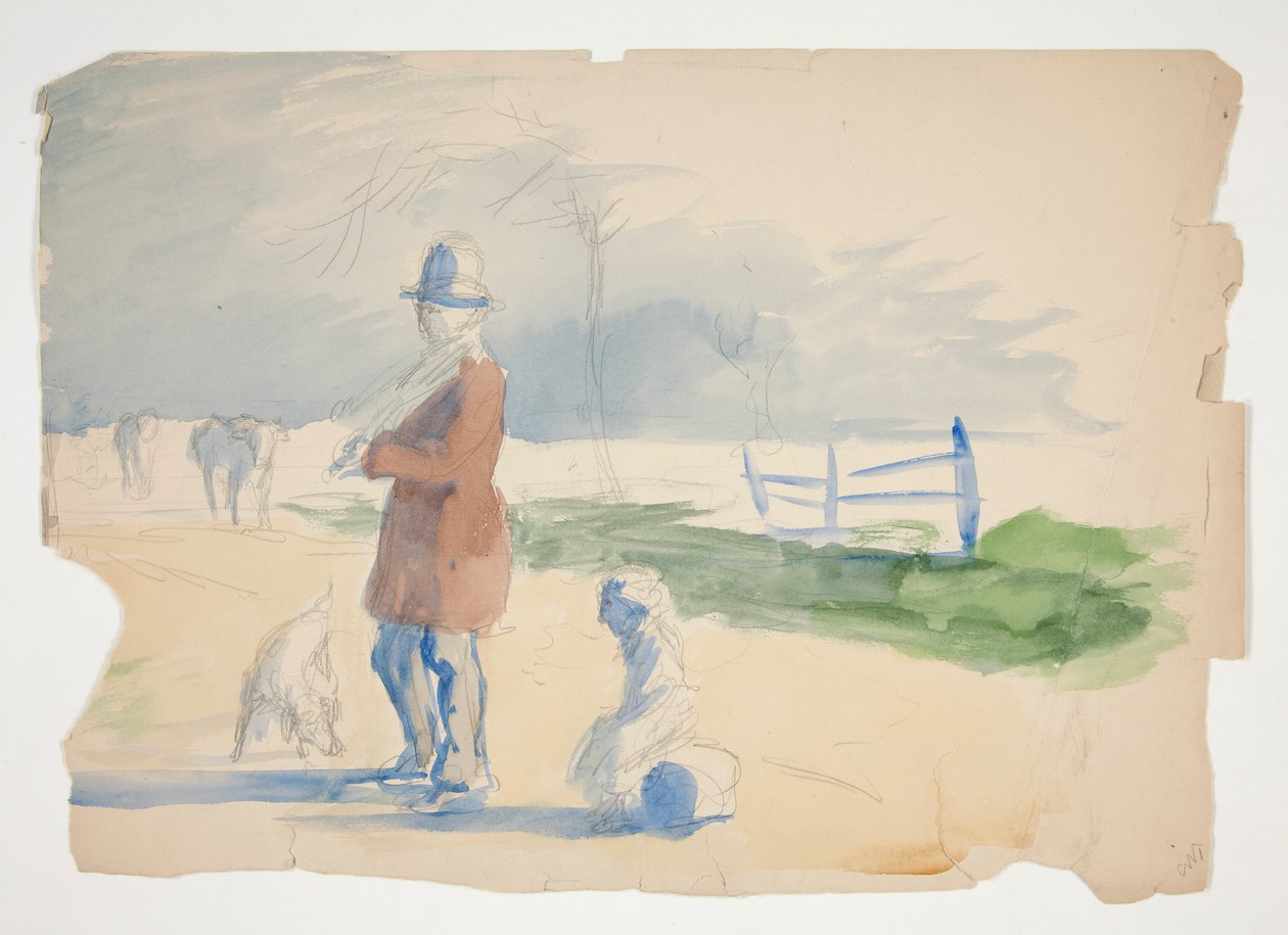 Luonnos miehestä, lapsesta ja koirasta - tunnistamaton kuva tekijältä Edwin Austin Abbey
