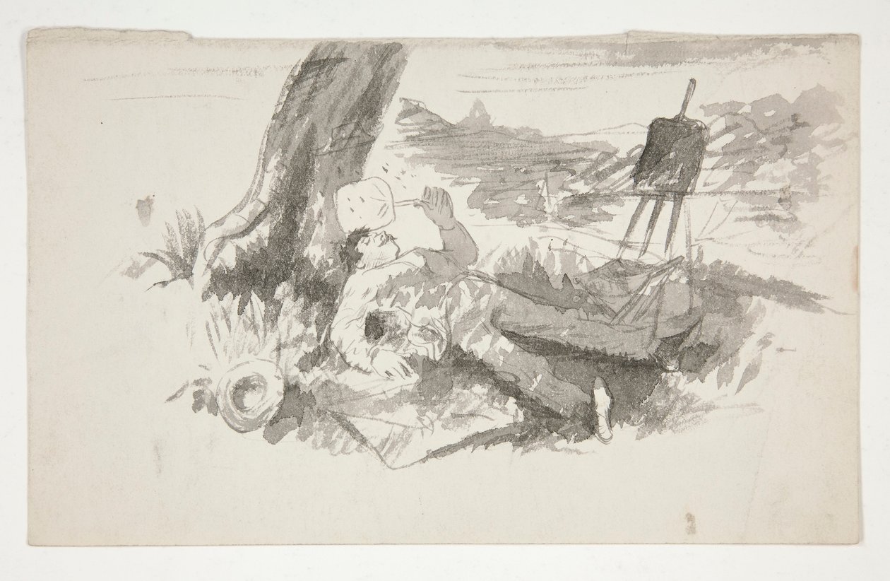 Luonnos ulkoilmamaalarista, joka ottaa päiväunet puun alla - tunnistamaton kuva tekijältä Edwin Austin Abbey