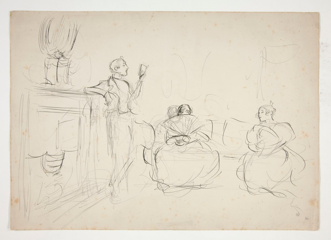 Luonnos sisustuksesta: mies lukee ääneen, naiset neulevat - tunnistamaton kuva tekijältä Edwin Austin Abbey