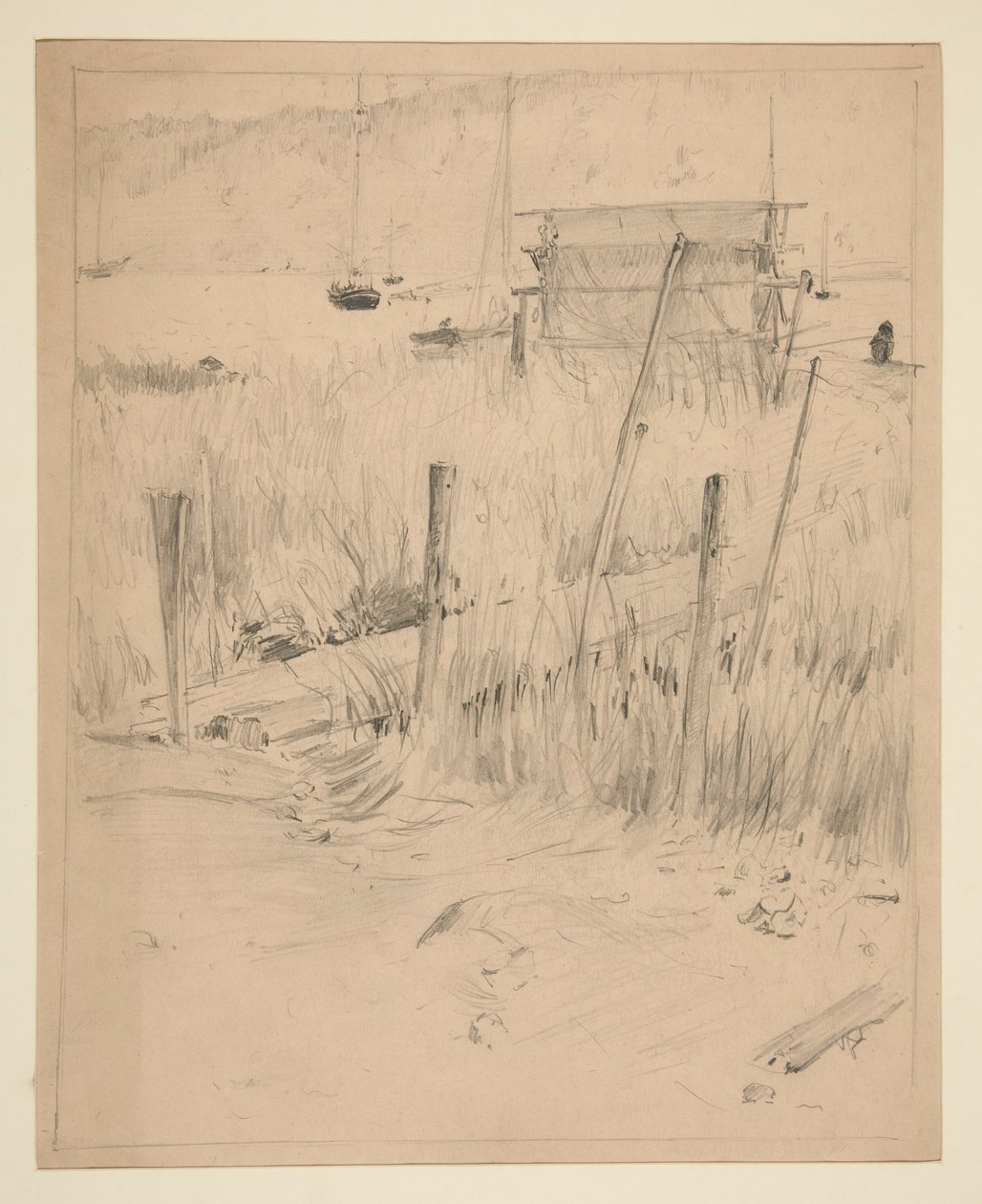 Luonnos vanhasta laiturista, jonka ympärillä kasvaa rikkaruohoja tekijältä Edwin Austin Abbey