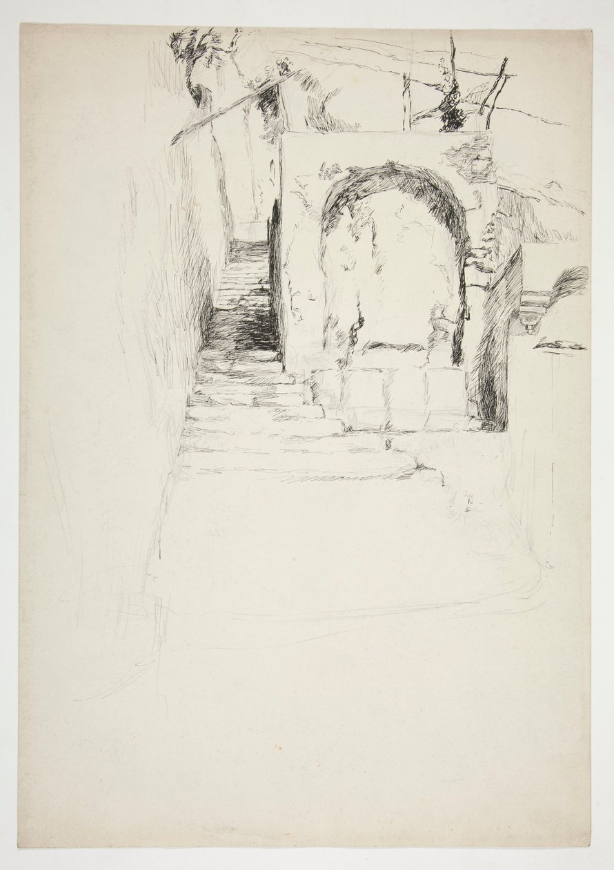 Luonnos ulkoportaista (italialainen pergola, kirjakuvitukseen) tekijältä Edwin Austin Abbey