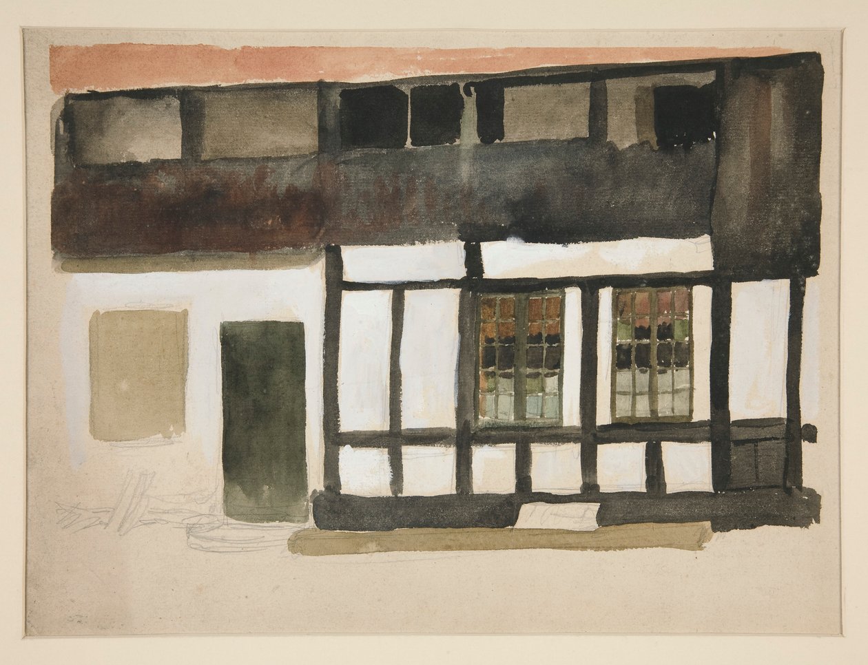 Luonnos Tudor-talon ulkopuolelta tekijältä Edwin Austin Abbey
