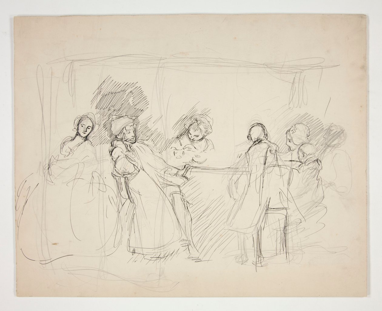 Piirros hahmoista pöydän ympärillä - tunnistamaton esimerkki näytelmästä (?) tekijältä Edwin Austin Abbey