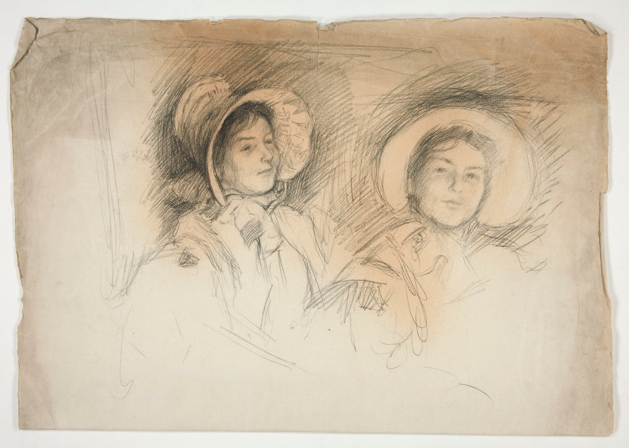 Luonnos kahdesta nuoresta naisesta konepellissä (tunnistamattomat istujat) tekijältä Edwin Austin Abbey
