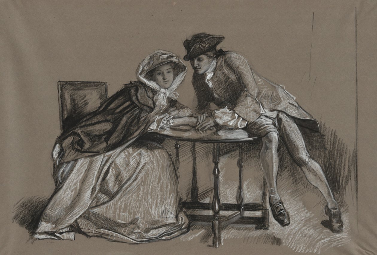 Opiskelu. Lady ja herrasmies keskustelevat pöydän toisella puolella tekijältä Edwin Austin Abbey