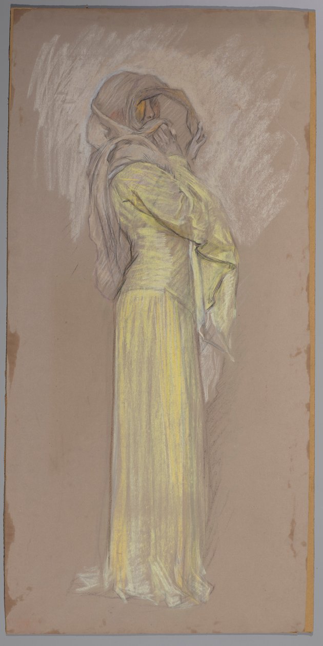 Tutkimus, Nainen keltaisessa mekossa ruskealla hunnulla kasvoilla tekijältä Edwin Austin Abbey