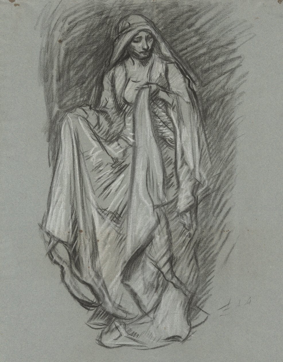 Tutkimus drapedoidulle naiselle, hahmotutkimus The Quest of the Holy Graalille (15 maalauksen sarja Bostonin julkiselle kirjastolle, valmistui vuonna 1901) tekijältä Edwin Austin Abbey