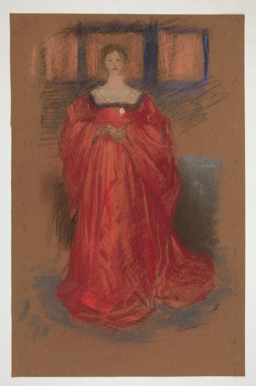 Tutkimus naisesta renessanssiasussa - (tunnistamaton kuvitus Shakespearen näytelmään?) tekijältä Edwin Austin Abbey