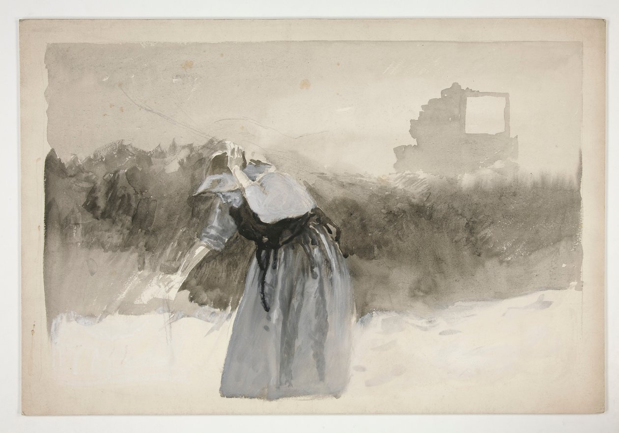Tutkimus naisesta konepellissä, kumartunut - (tunnistamaton kuva) tekijältä Edwin Austin Abbey