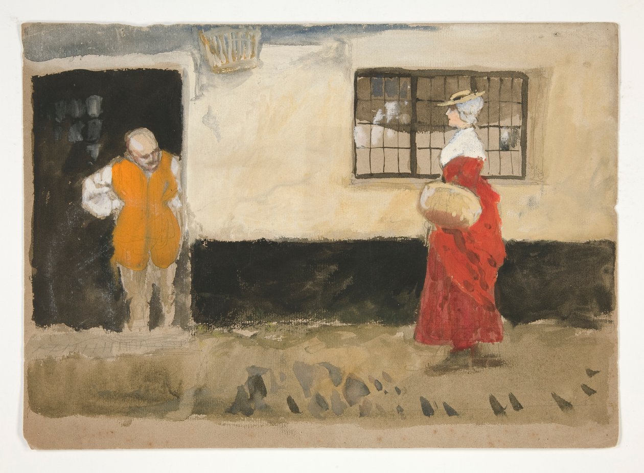 Tutkimus katukuvasta, mies ovella, nainen punaisessa mekossa. tekijältä Edwin Austin Abbey