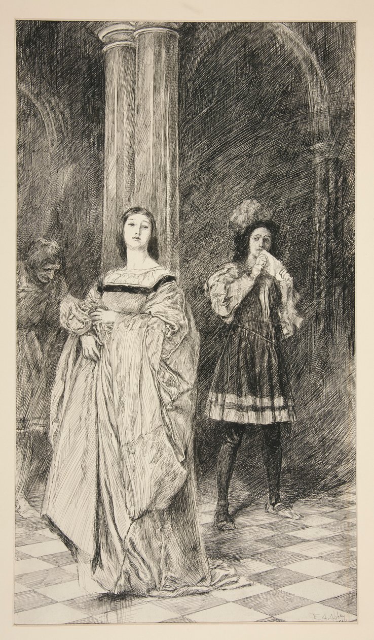 Sylvia ja Valentine, näytös II, kohtaus i, Two Gentlemen of Verona tekijältä Edwin Austin Abbey