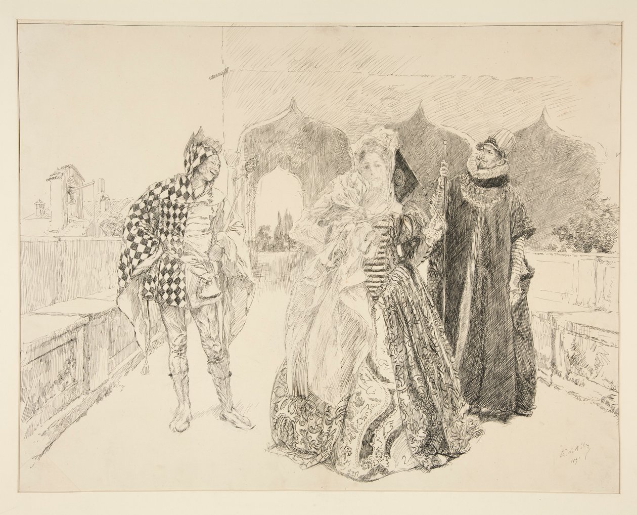 Klovni ja Malvolio, kuvitus näytökselle I, kohtaus v, kahdestoista yö tekijältä Edwin Austin Abbey