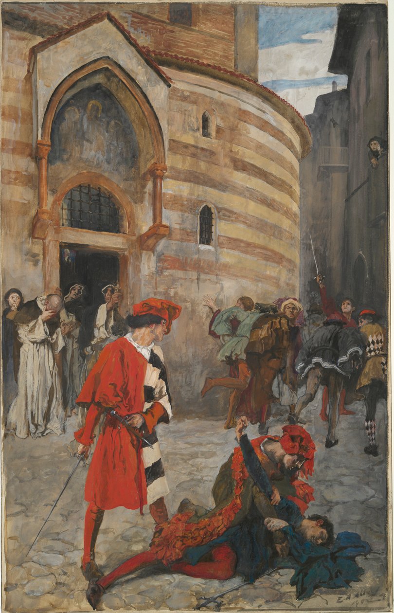 Mercution kuolema - näytös III, kohtaus I, Romeo ja Julia tekijältä Edwin Austin Abbey