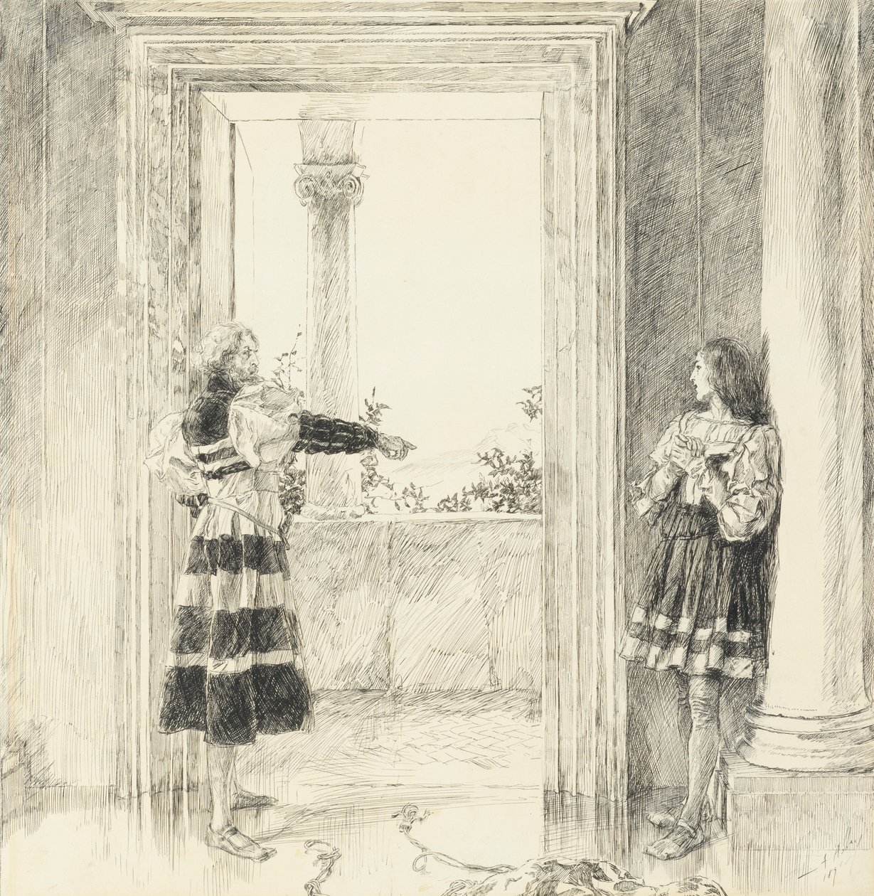 Duke karkottaa Valentinen III näytöksestä, kohtaus i, Two Gentlemen of Verona tekijältä Edwin Austin Abbey