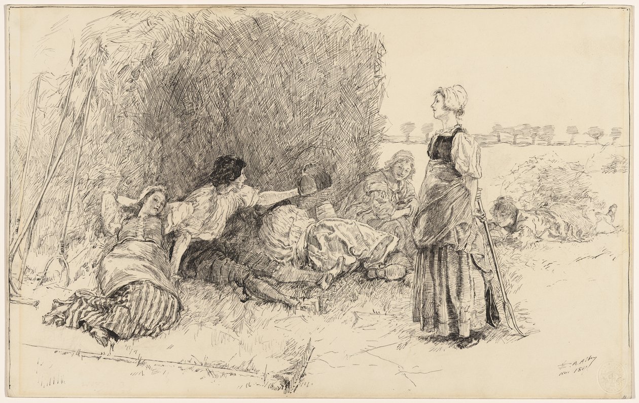 Sadonkorjaajat, kuvitus teokseen "Nahkapullo" tekijältä Edwin Austin Abbey