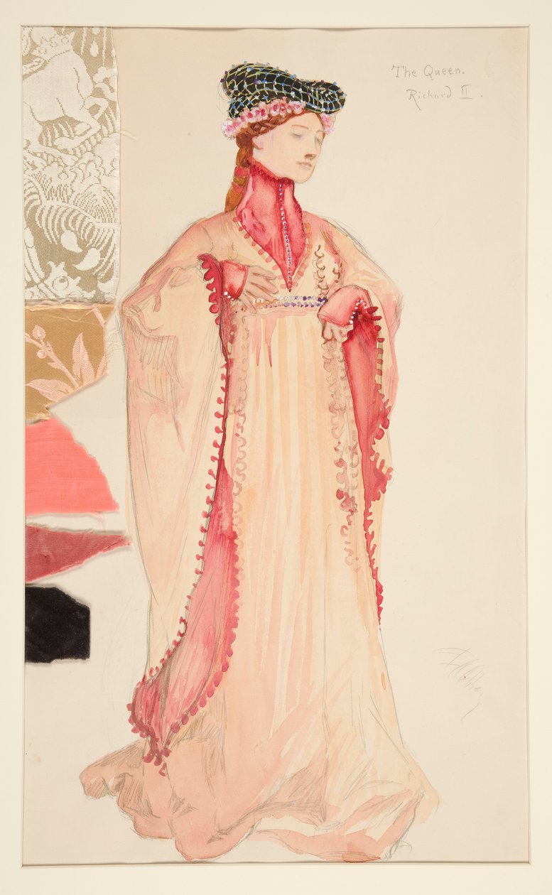 Kuningatar (vaaleanpunainen), pukuluonnos Henry Irvingille tekijältä Edwin Austin Abbey