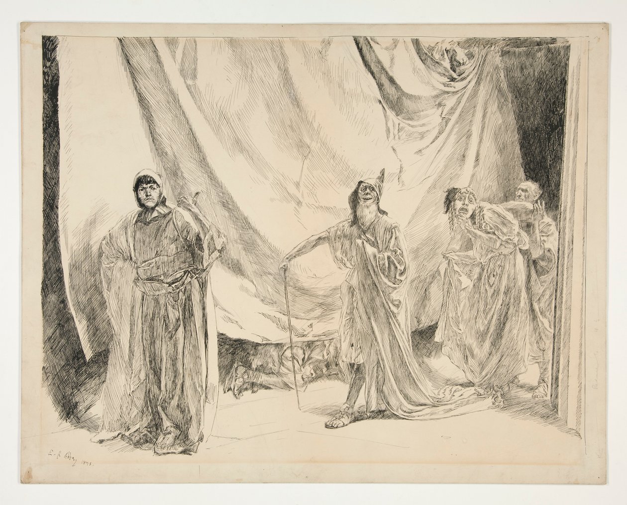 Pelaajien paluu, kuvitus näytökselle V, kohtaus I, juhannusyö tekijältä Edwin Austin Abbey