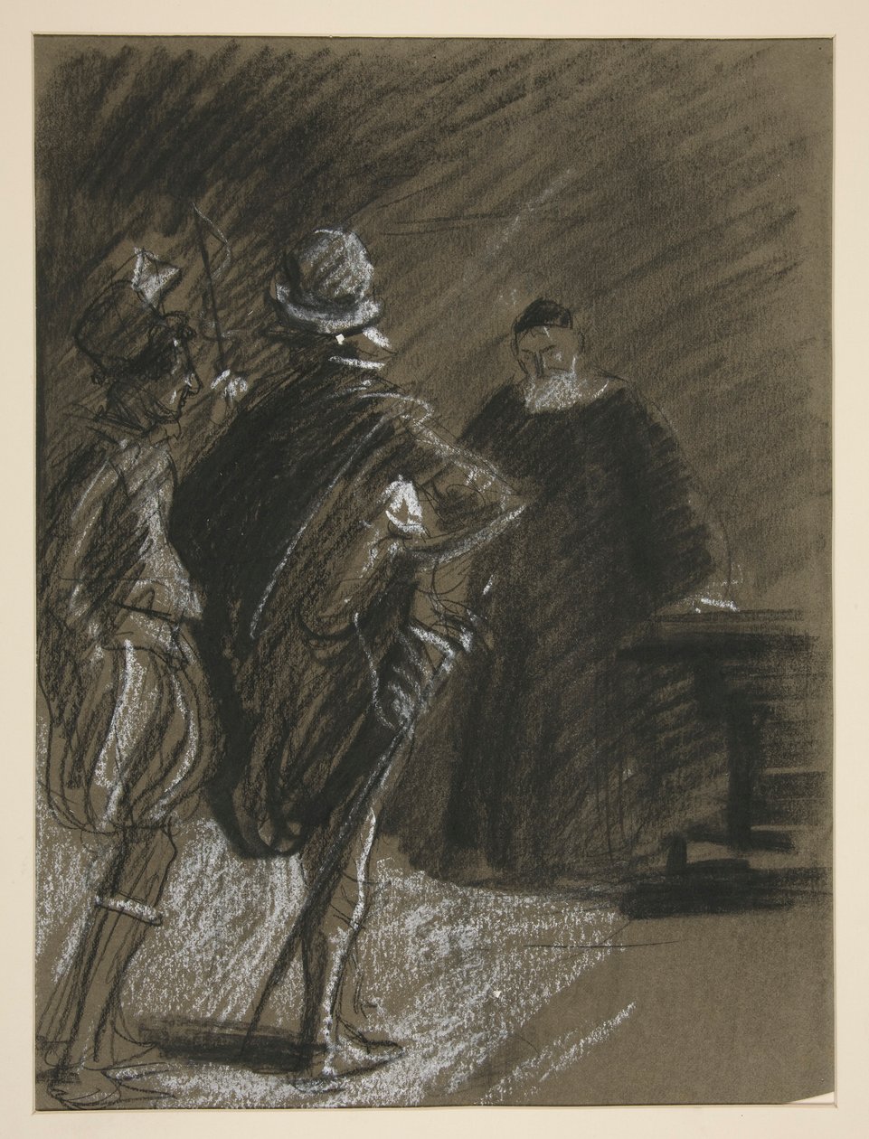 Kolme miestä, opiskele Särän kesyttäjälle (?) tekijältä Edwin Austin Abbey