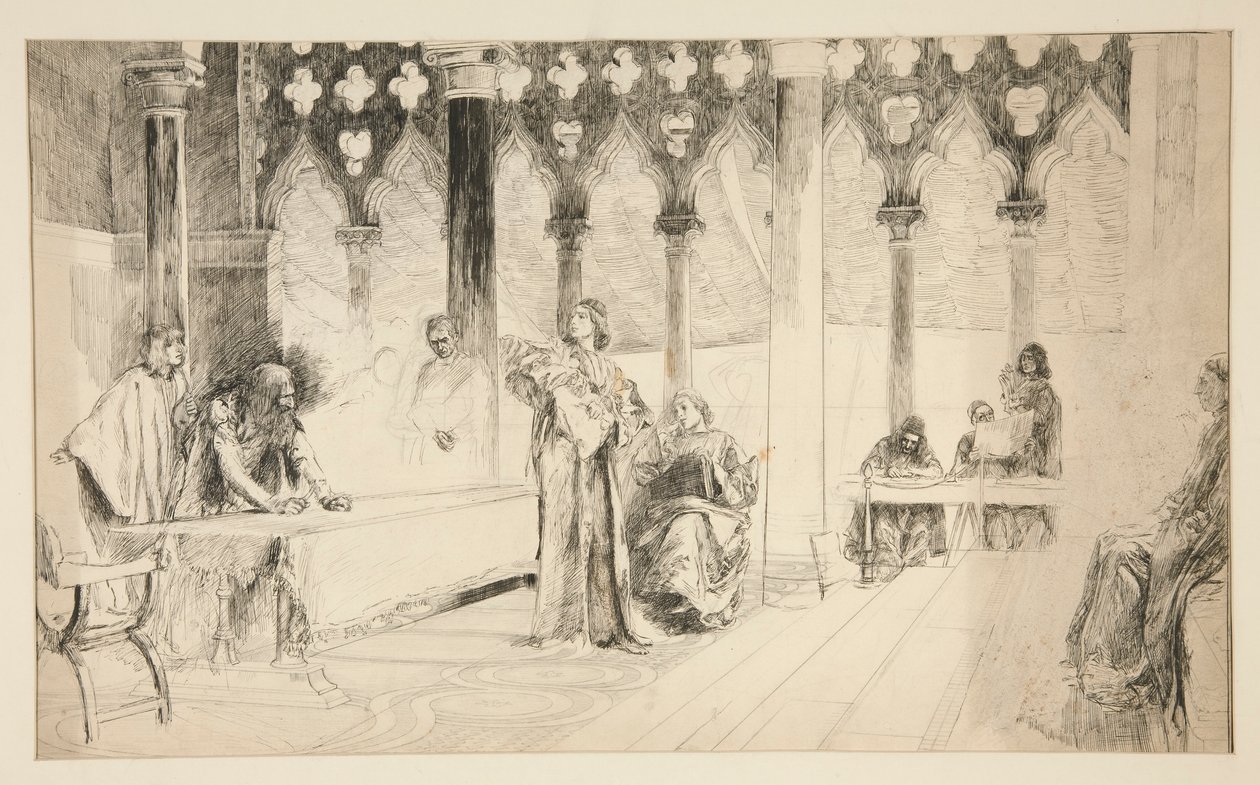 Trial Scene, Merchant of Venicesta tekijältä Edwin Austin Abbey