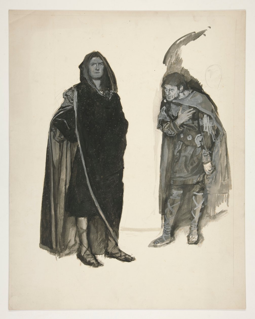 Kaksi pukeutunutta miestä, luonnos tuntemattomaan Shakespearen näytelmään tekijältä Edwin Austin Abbey