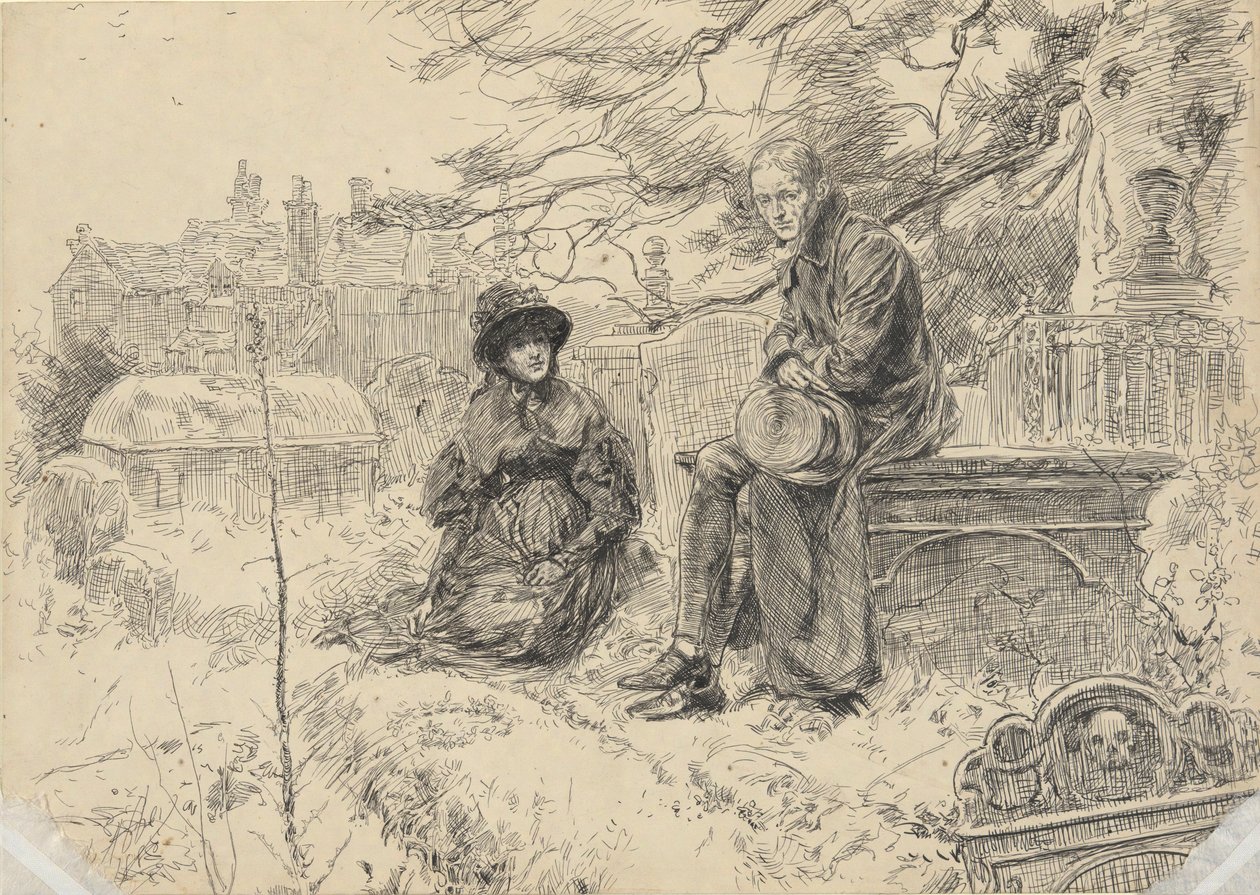 Kaksi hahmoa kirkkopihalla tekijältä Edwin Austin Abbey