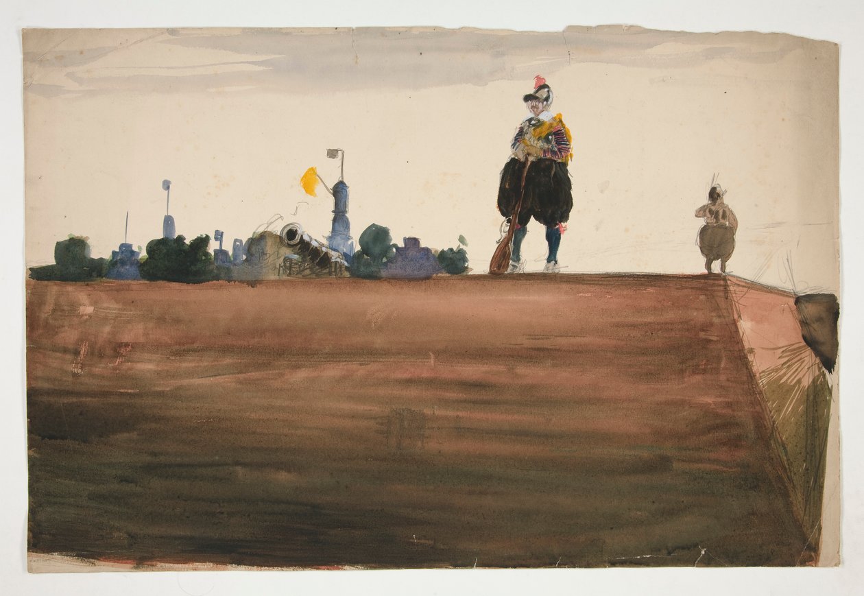Kaksi vartijaa linnoituksen muurin huipulla tekijältä Edwin Austin Abbey