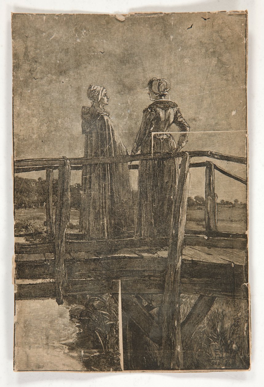 Nimetön puukaiverrus, E.A. Kahden naisen luostari (?) puisella kävelysillalla - kuvitus William Blackille tekijältä Edwin Austin Abbey