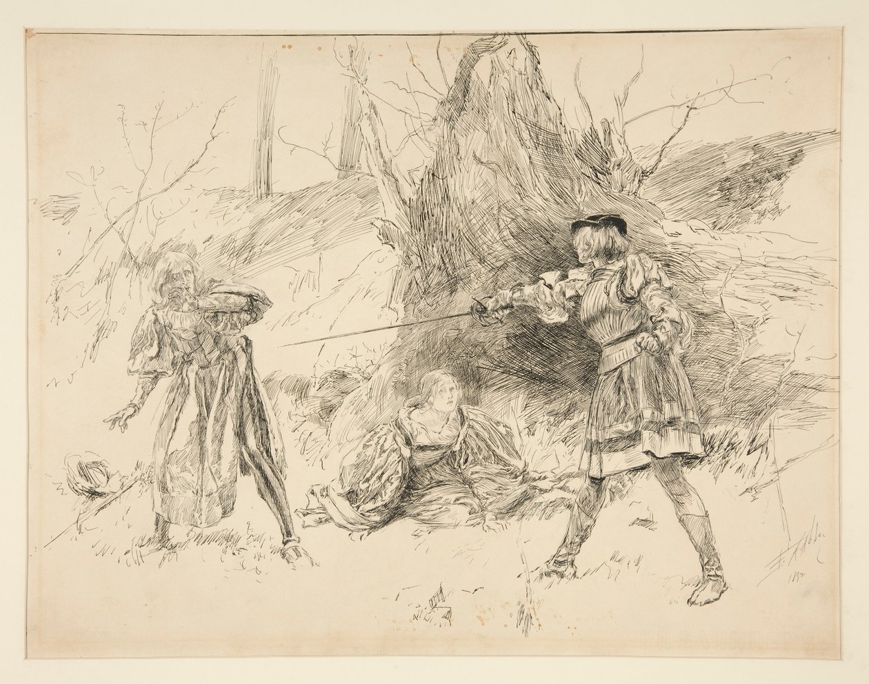 Valentine pelastaa Sylvian näytöksestä V, kohtaus iv, Two Gentlemen of Verona tekijältä Edwin Austin Abbey