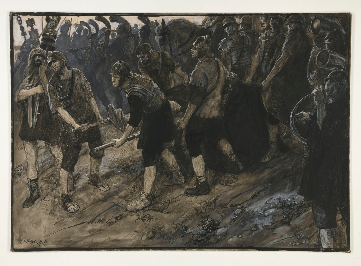 Ventidius saapuu voittoon, Pacoruksen ruumis kannettuna hänen edessään, näytös III, kohtaus i, Antonius ja Kleopatra tekijältä Edwin Austin Abbey